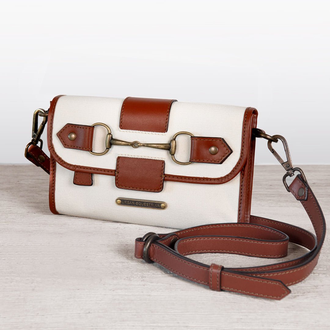 Urban Equestrian Dalton - Horse Bit Crossbody Luxury Leather Handbag in Cognac on Ivory
