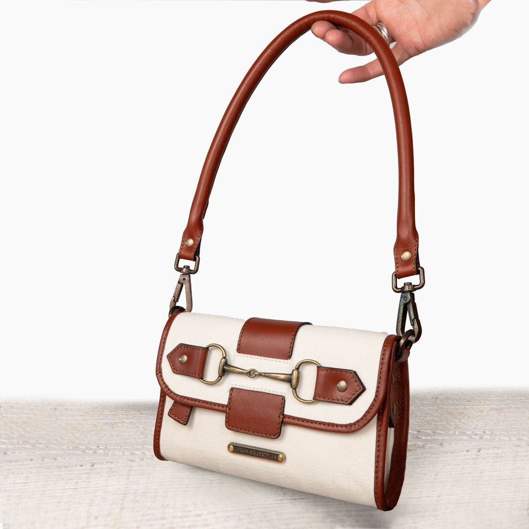 Urban Equestrian Dalton - Horse Bit Crossbody Luxury Leather Handbag in Cognac on Ivory