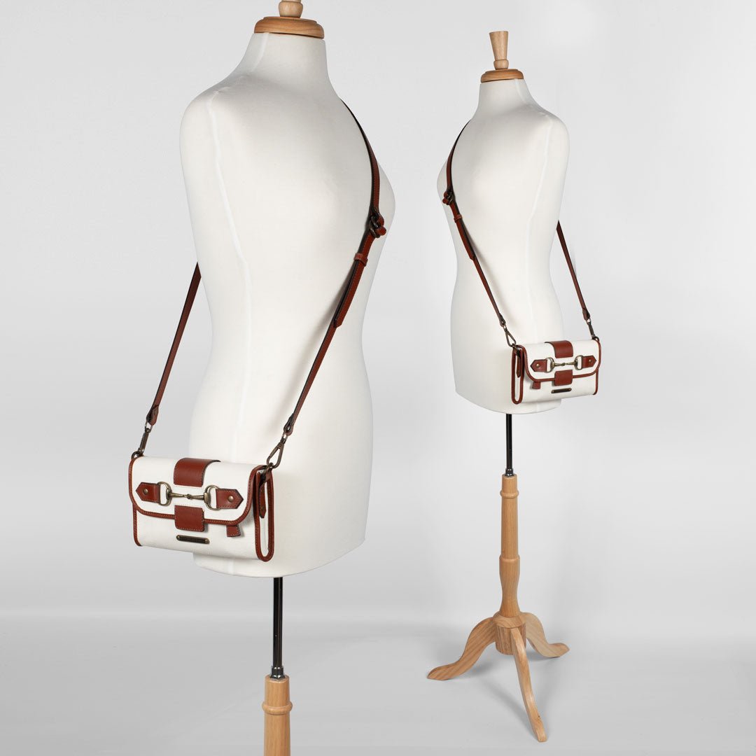 Urban Equestrian Dalton - Horse Bit Crossbody Luxury Leather Handbag in Cognac on Ivory