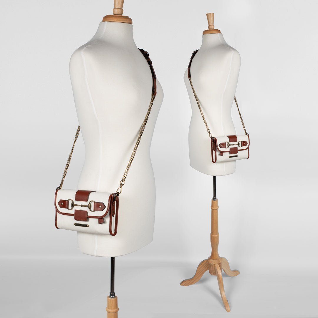 Urban Equestrian Dalton - Horse Bit Crossbody Luxury Leather Handbag in Cognac on Ivory