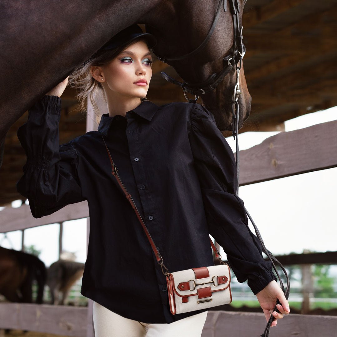 Urban Equestrian Dalton - Horse Bit Crossbody Luxury Leather Handbag in Cognac on Ivory