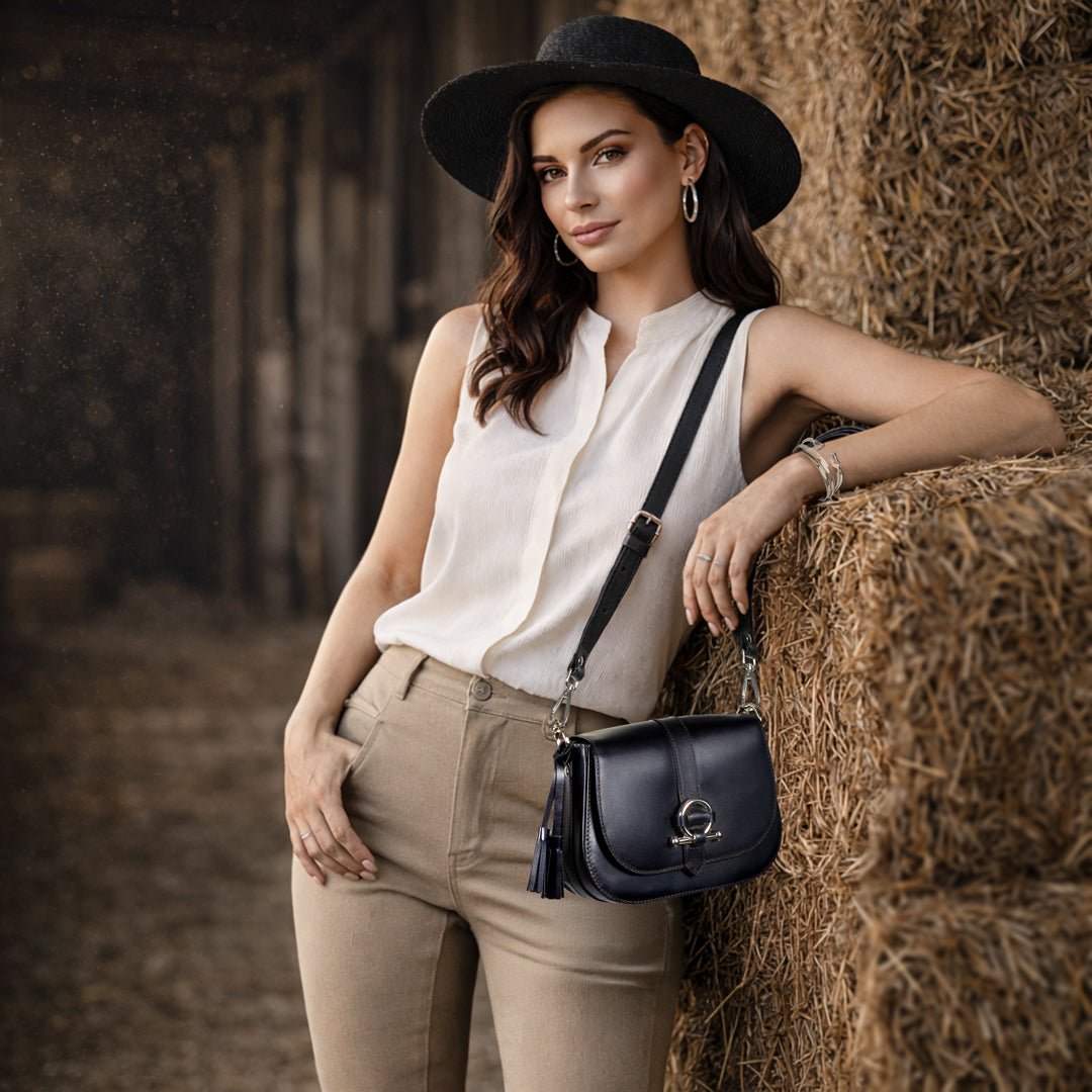 Urban Equestrian Del Rey - Equestrian Horse Bit Crossbody Luxury Leather Handbag in Black