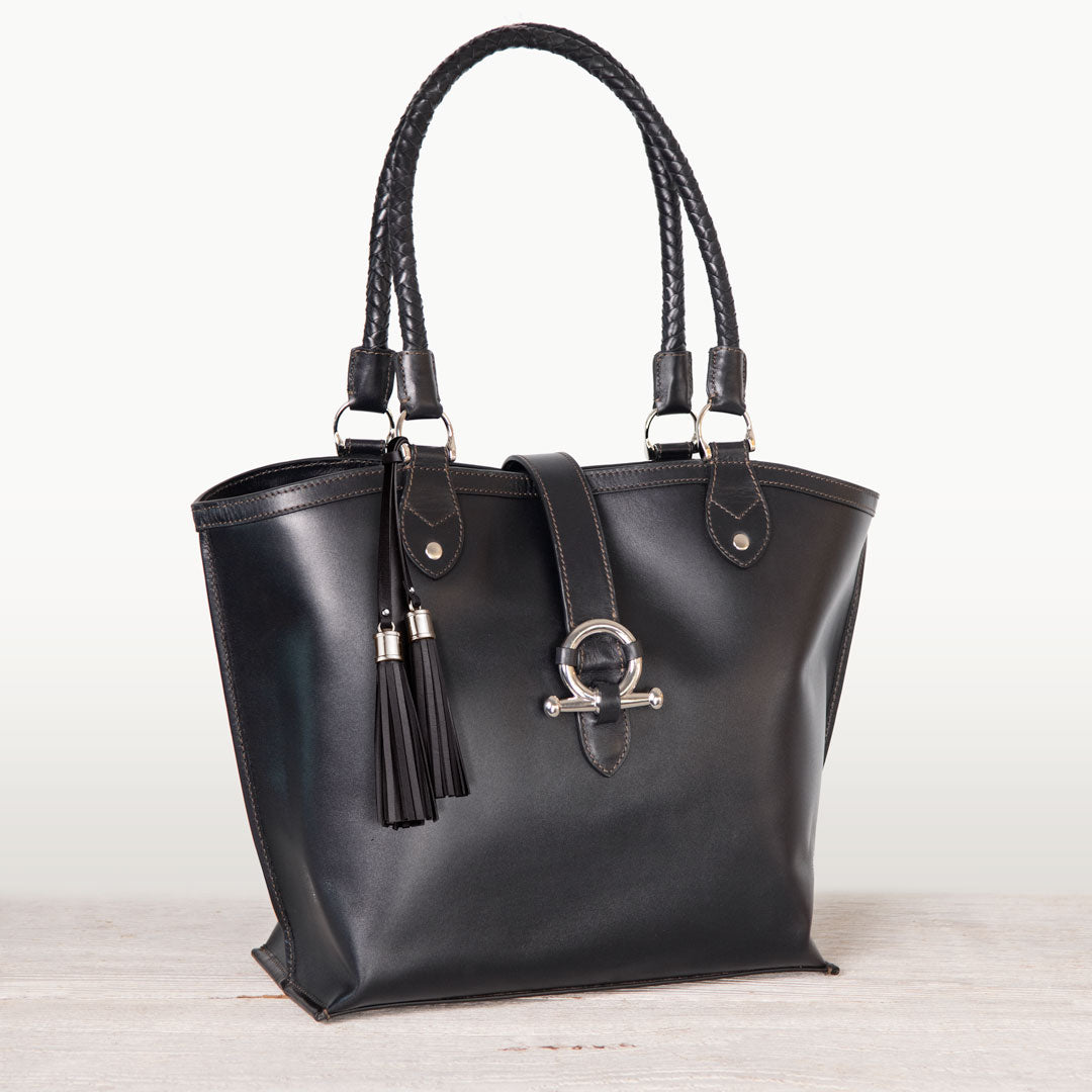 Urban Equestrian Del Rey -Horse Bit Tote Luxury Leather Handbag in Black