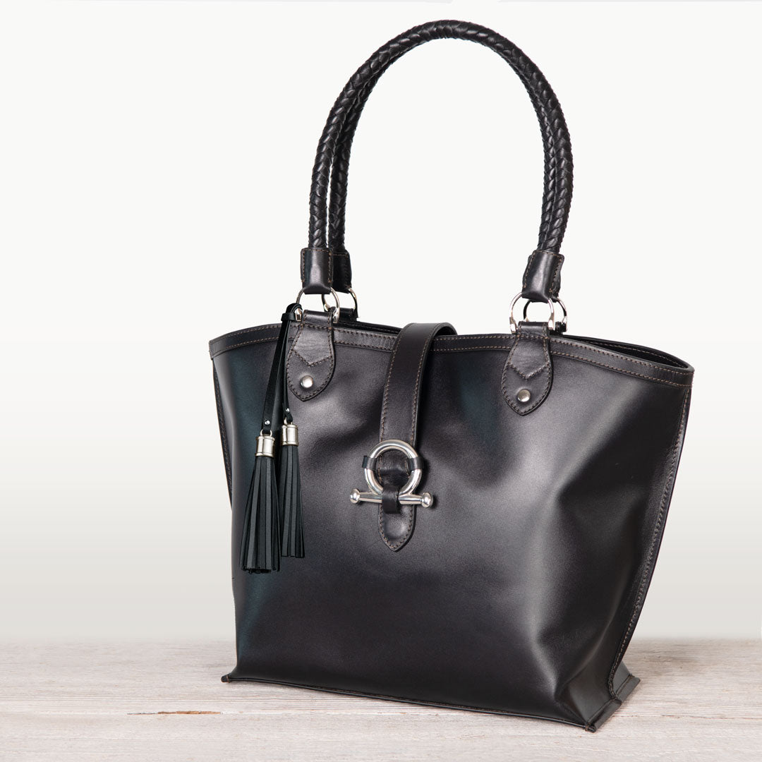 Urban Equestrian Del Rey -Horse Bit Tote Luxury Leather Handbag in Black