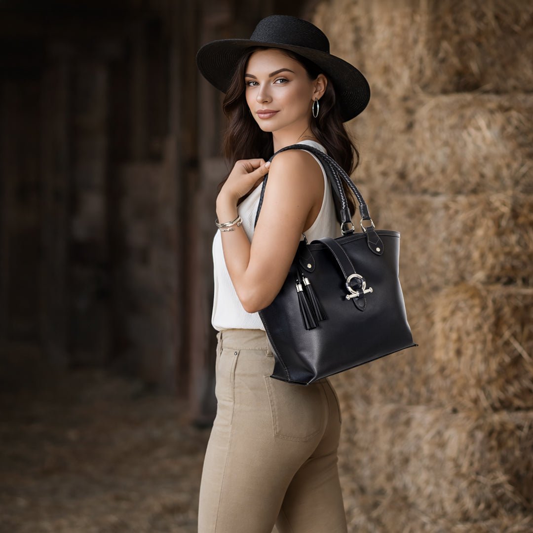 Urban Equestrian Del Rey -Horse Bit Tote Luxury Leather Handbag in Black