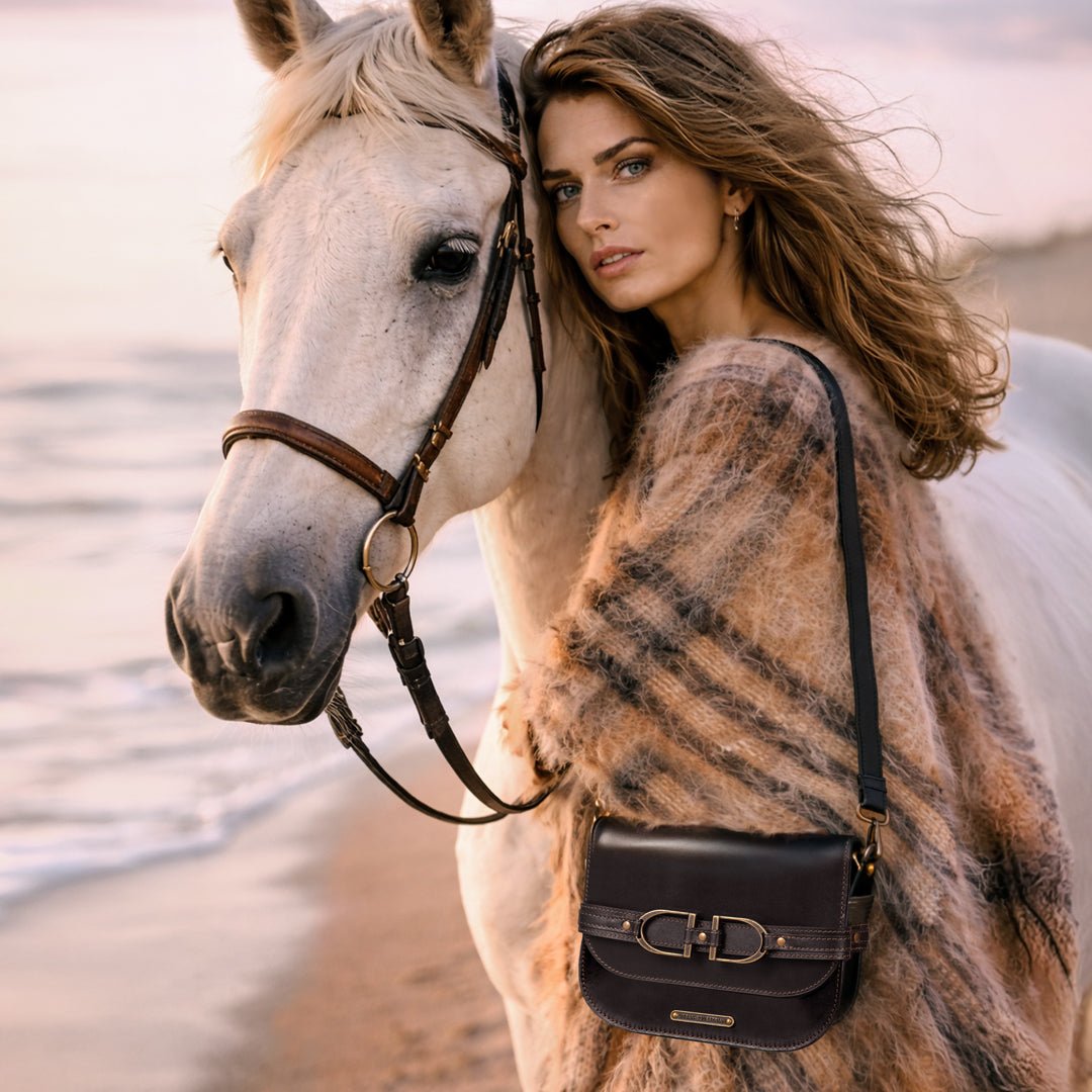 Urban Equestrian Delaney - Equestrian Stirrup Crossbody Luxury Leather Handbag in Black