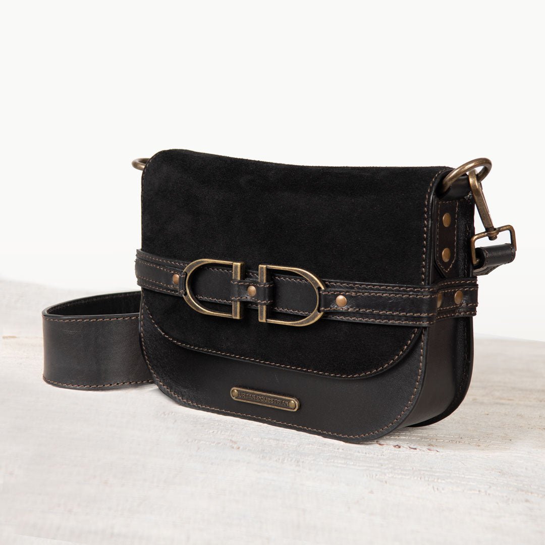 Urban Equestrian Delaney - Equestrian Stirrup Crossbody Luxury Leather Handbag in Black on Black