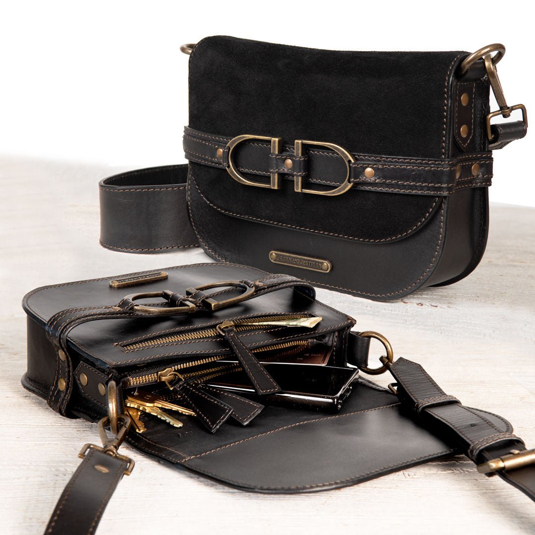 Urban Equestrian Delaney - Equestrian Stirrup Crossbody Luxury Leather Handbag in Black on Black