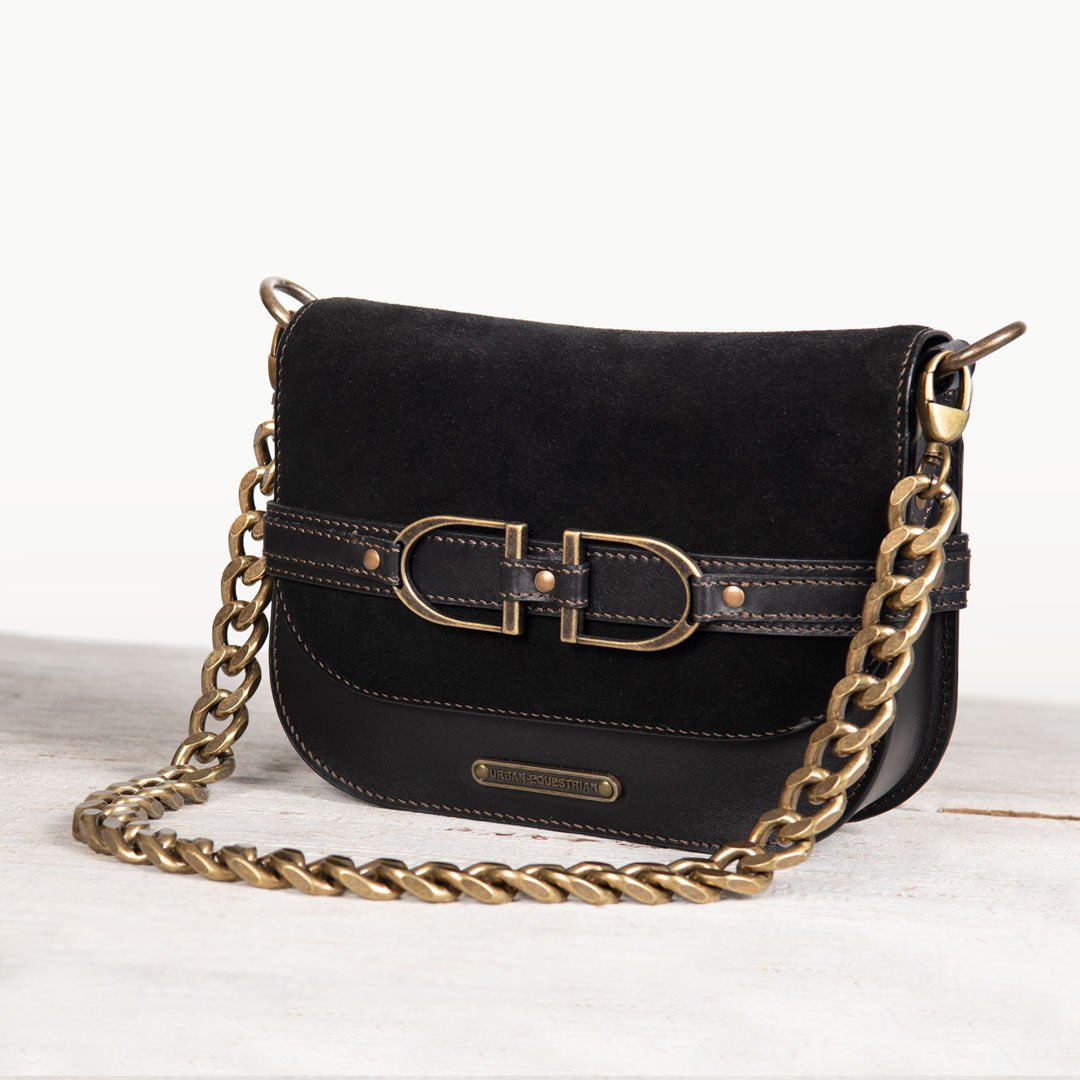 Urban Equestrian Delaney - Equestrian Stirrup Crossbody Luxury Leather Handbag in Black on Black