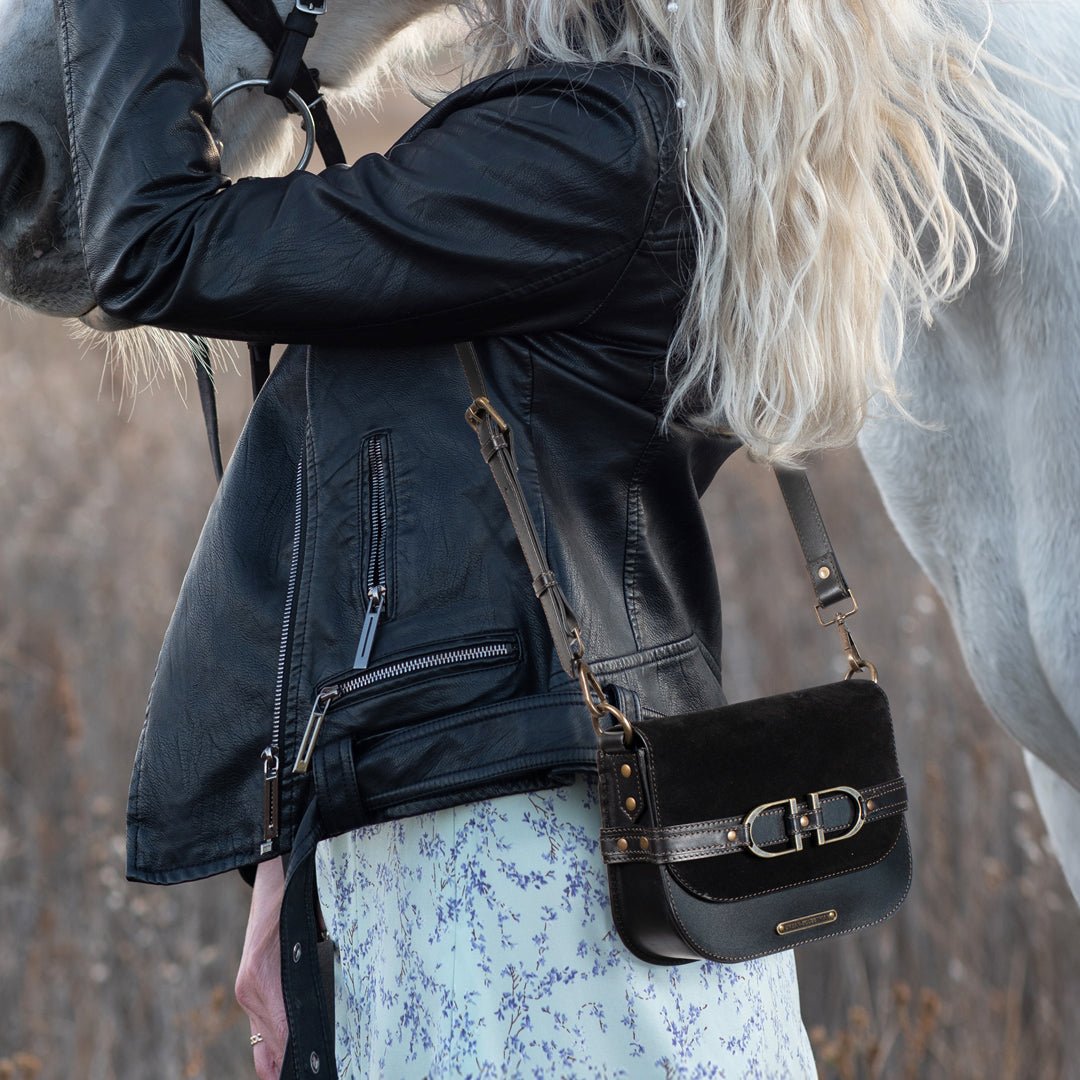 Urban Equestrian Delaney - Equestrian Stirrup Crossbody Luxury Leather Handbag in Black on Black