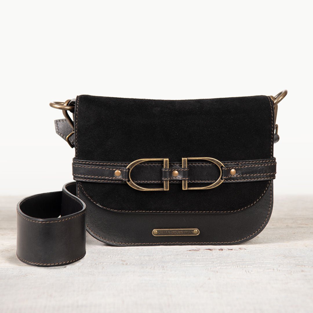 Urban Equestrian Delaney - Equestrian Stirrup Crossbody Luxury Leather Handbag in Black on Black
