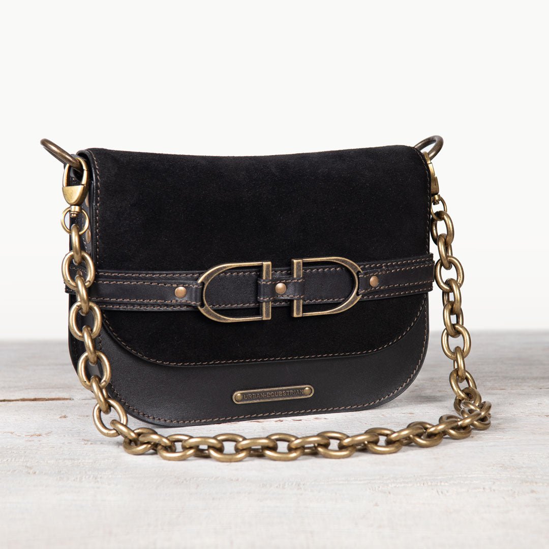Urban Equestrian Delaney - Equestrian Stirrup Crossbody Luxury Leather Handbag in Black on Black