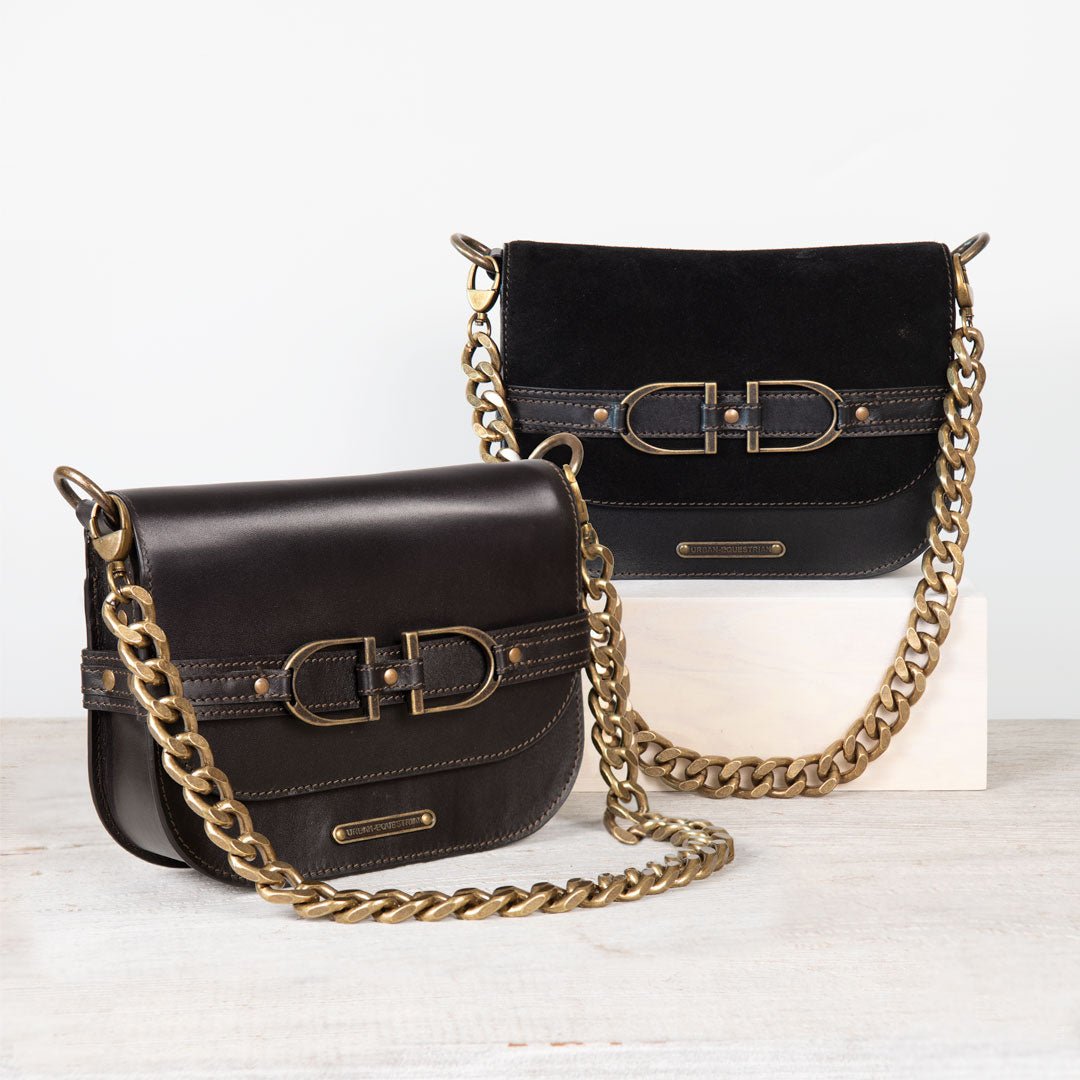 Urban Equestrian Delaney - Equestrian Stirrup Crossbody Luxury Leather Handbag in Black on Black