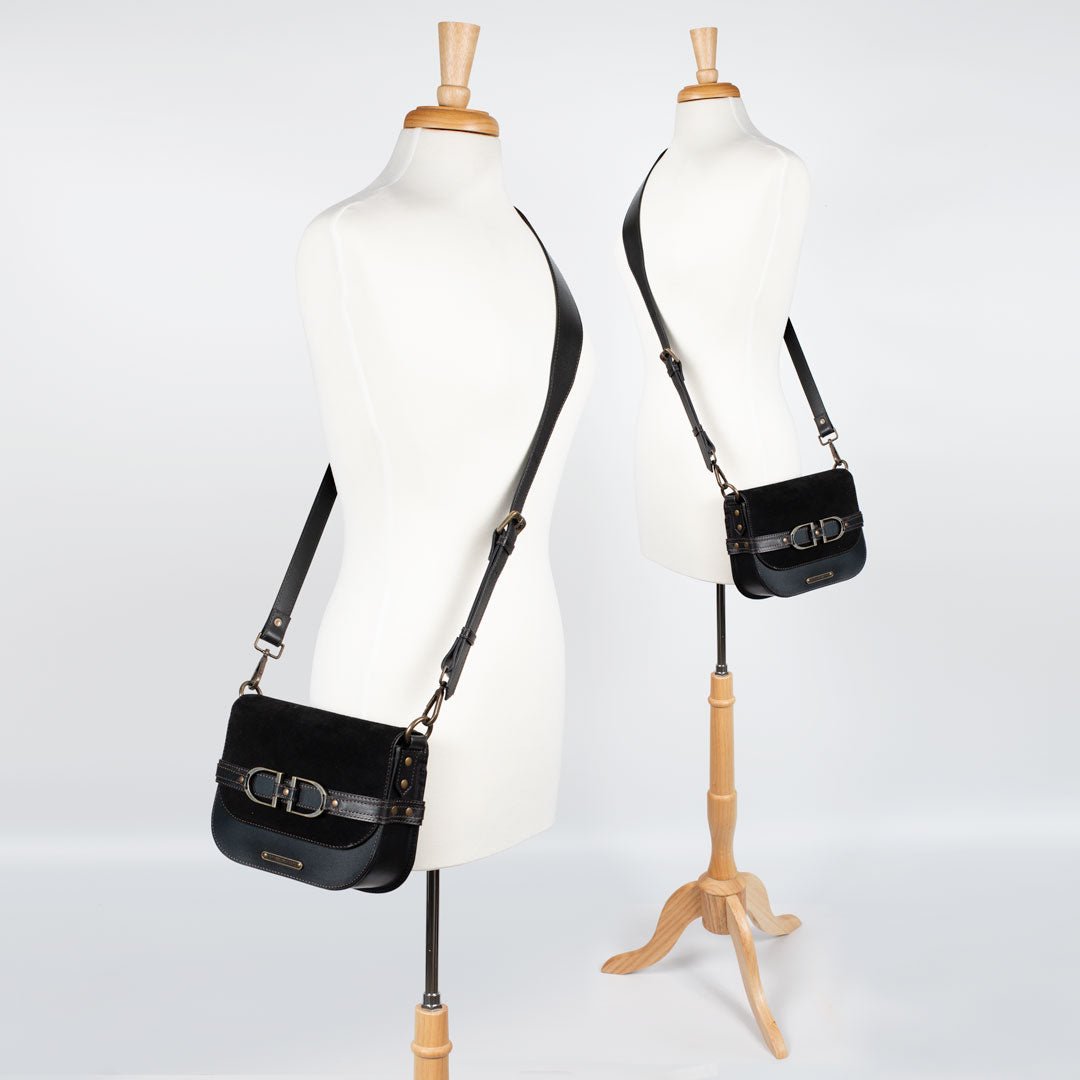 Urban Equestrian Delaney - Equestrian Stirrup Crossbody Luxury Leather Handbag in Black on Black