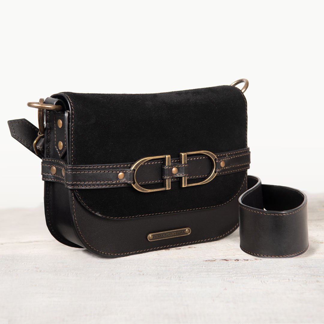 Urban Equestrian Delaney - Equestrian Stirrup Crossbody Luxury Leather Handbag in Black on Black