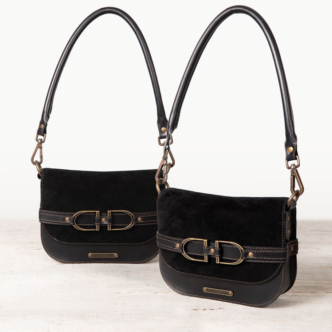 Urban Equestrian Delaney - Equestrian Stirrup Crossbody Luxury Leather Handbag in Black on Black