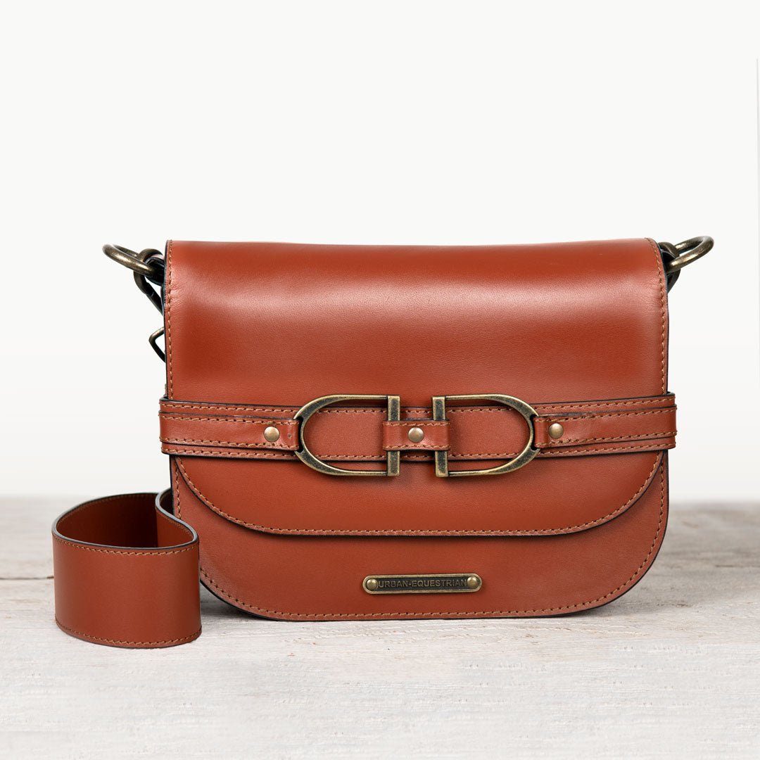 Urban Equestrian Delaney - Equestrian Stirrup Crossbody Luxury Leather Handbag in Cognac