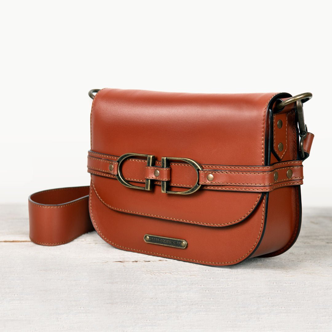 Urban Equestrian Delaney - Equestrian Stirrup Crossbody Luxury Leather Handbag in Cognac