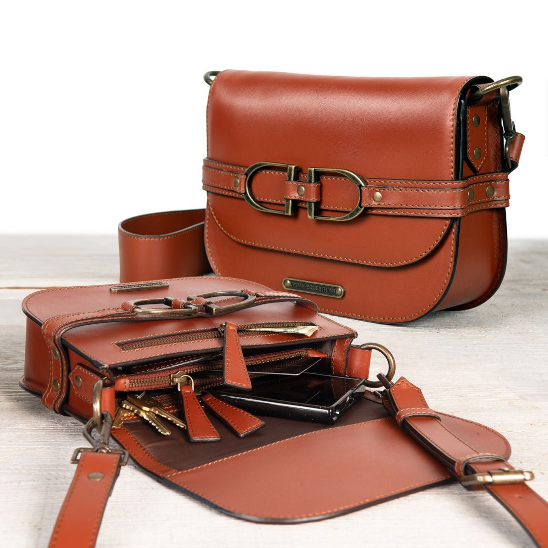 Urban Equestrian Delaney - Equestrian Stirrup Crossbody Luxury Leather Handbag in Cognac