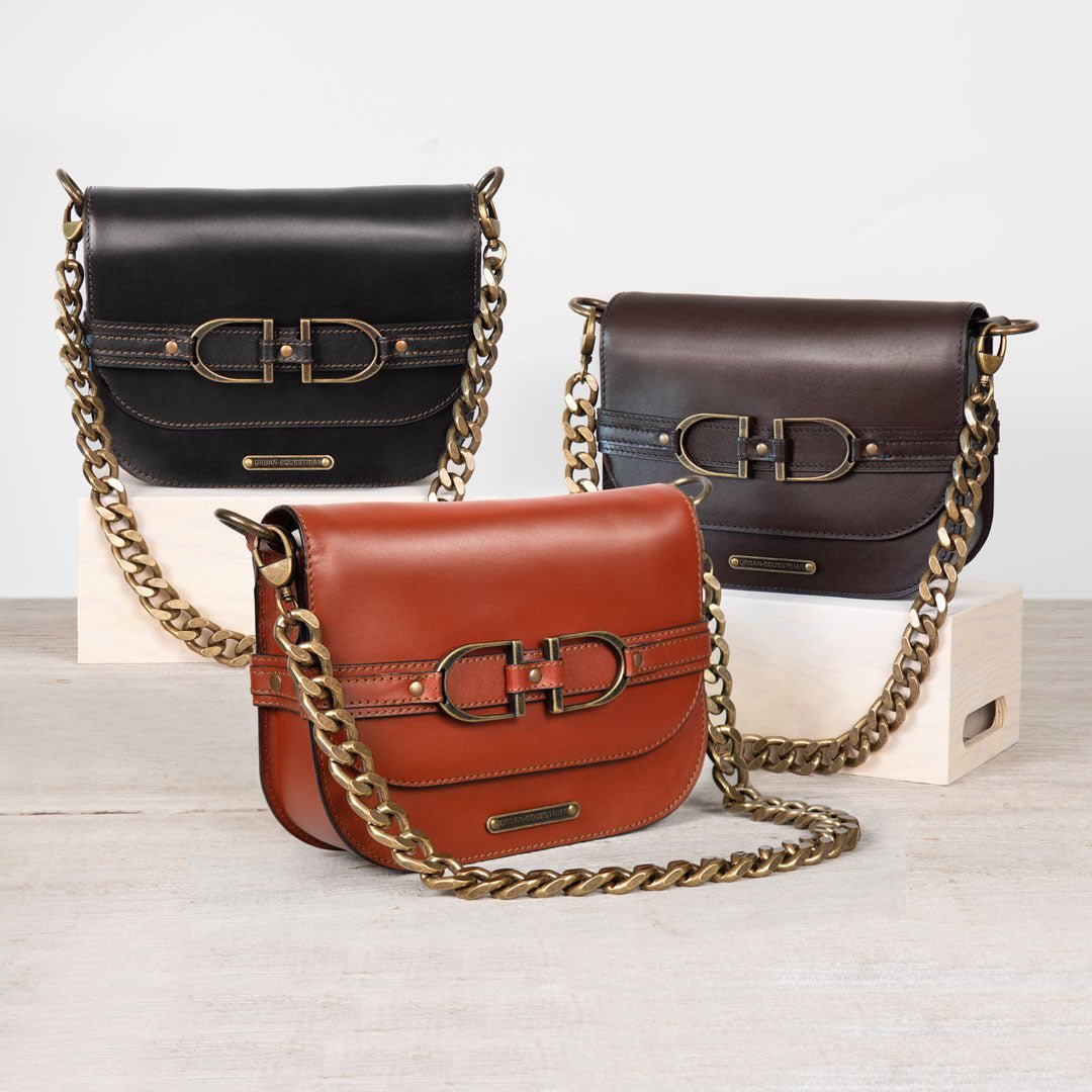 Urban Equestrian Delaney - Equestrian Stirrup Crossbody Luxury Leather Handbag in Cognac