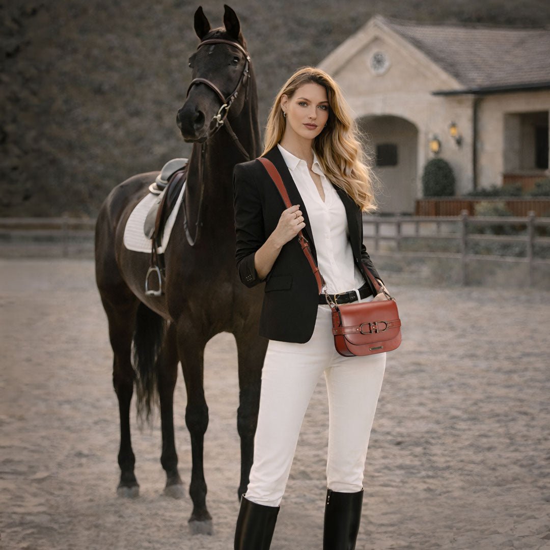 Urban Equestrian Delaney - Equestrian Stirrup Crossbody Luxury Leather Handbag in Cognac