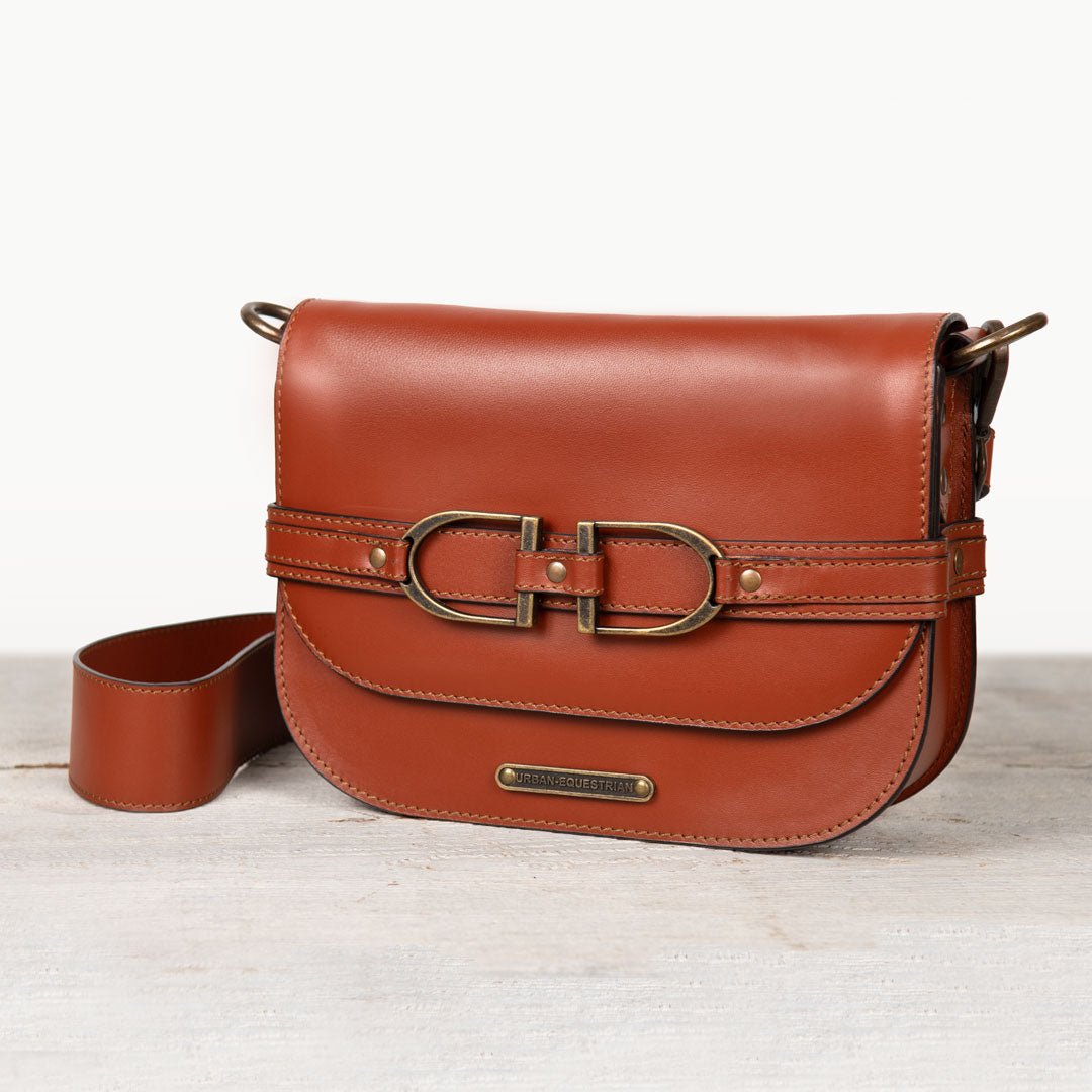 Urban Equestrian Delaney - Equestrian Stirrup Crossbody Luxury Leather Handbag in Cognac