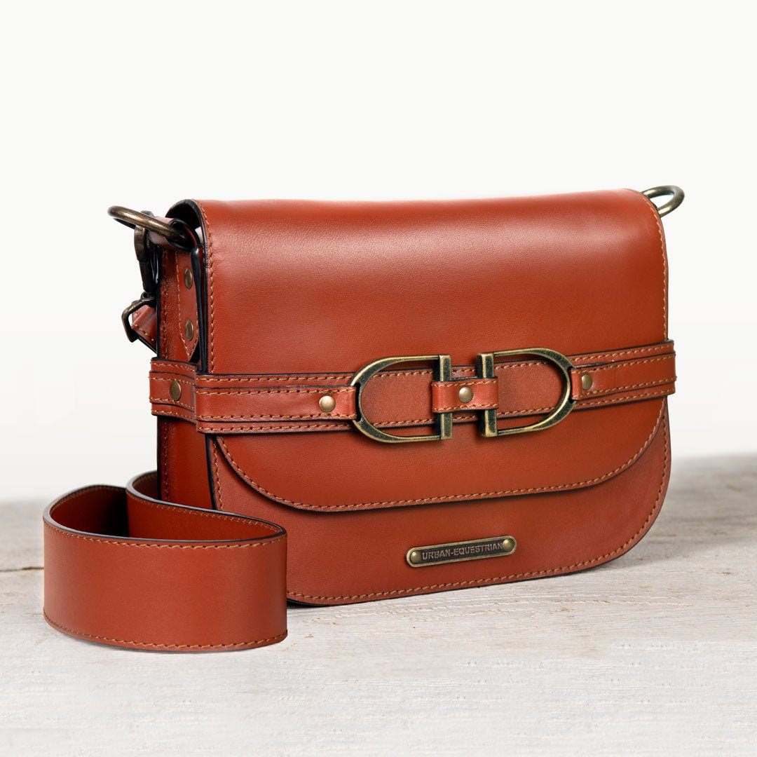 Urban Equestrian Delaney - Equestrian Stirrup Crossbody Luxury Leather Handbag in Cognac
