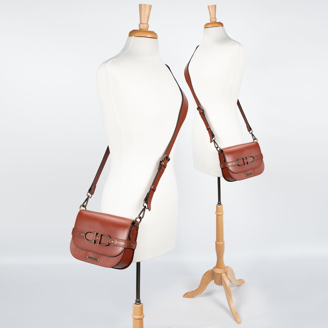 Urban Equestrian Delaney - Equestrian Stirrup Crossbody Luxury Leather Handbag in Cognac