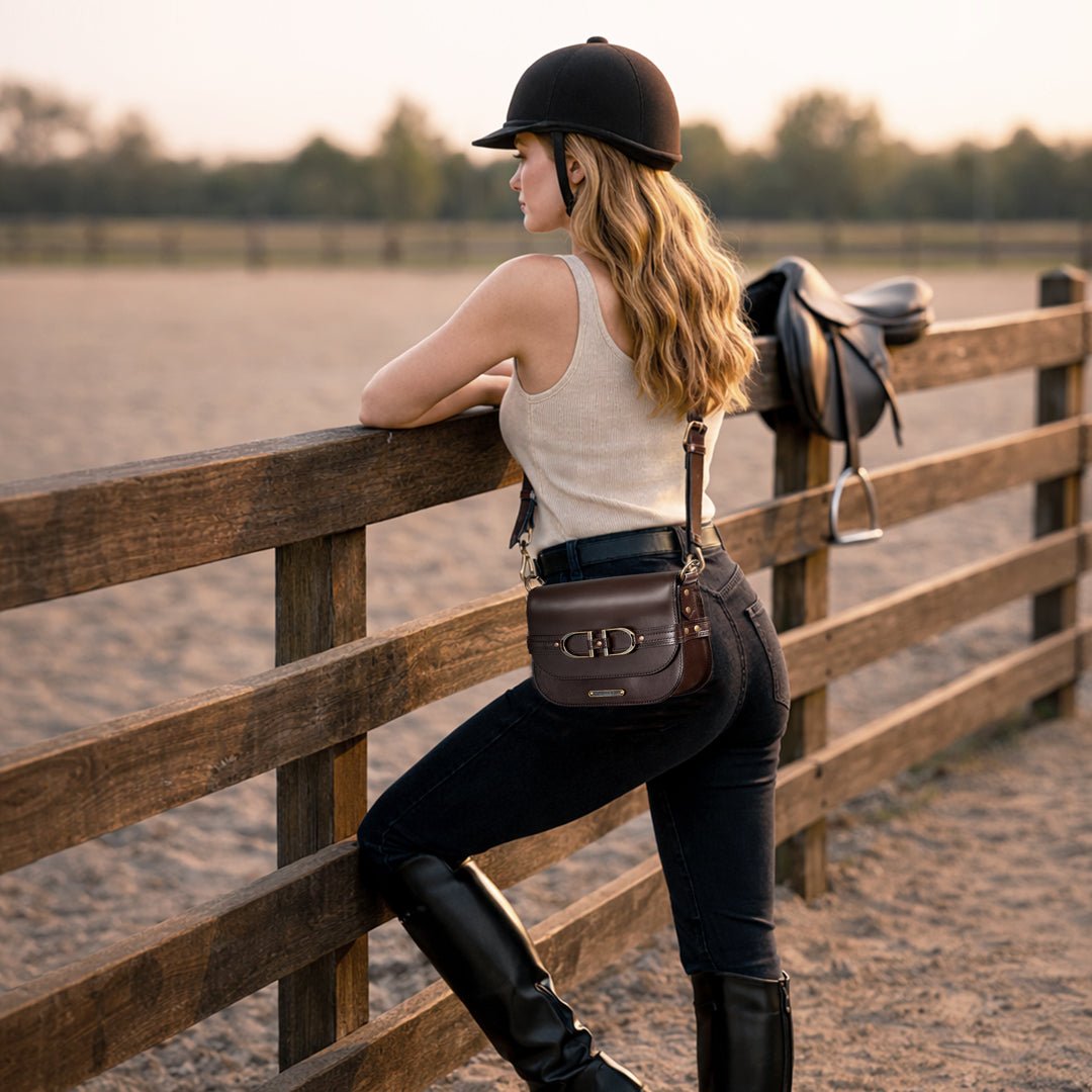 Urban Equestrian Delaney - Equestrian Stirrup Crossbody Luxury Leather Handbag in Deep Brown