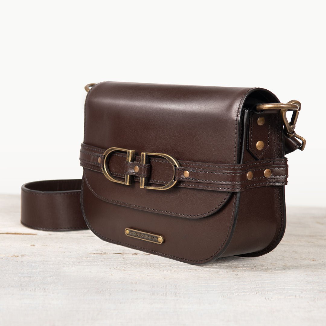 Urban Equestrian Delaney - Equestrian Stirrup Crossbody Luxury Leather Handbag in Deep Brown