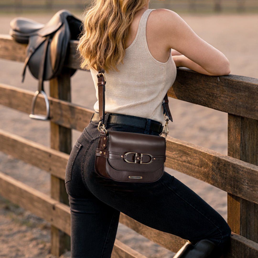 Urban Equestrian Delaney - Equestrian Stirrup Crossbody Luxury Leather Handbag in Deep Brown
