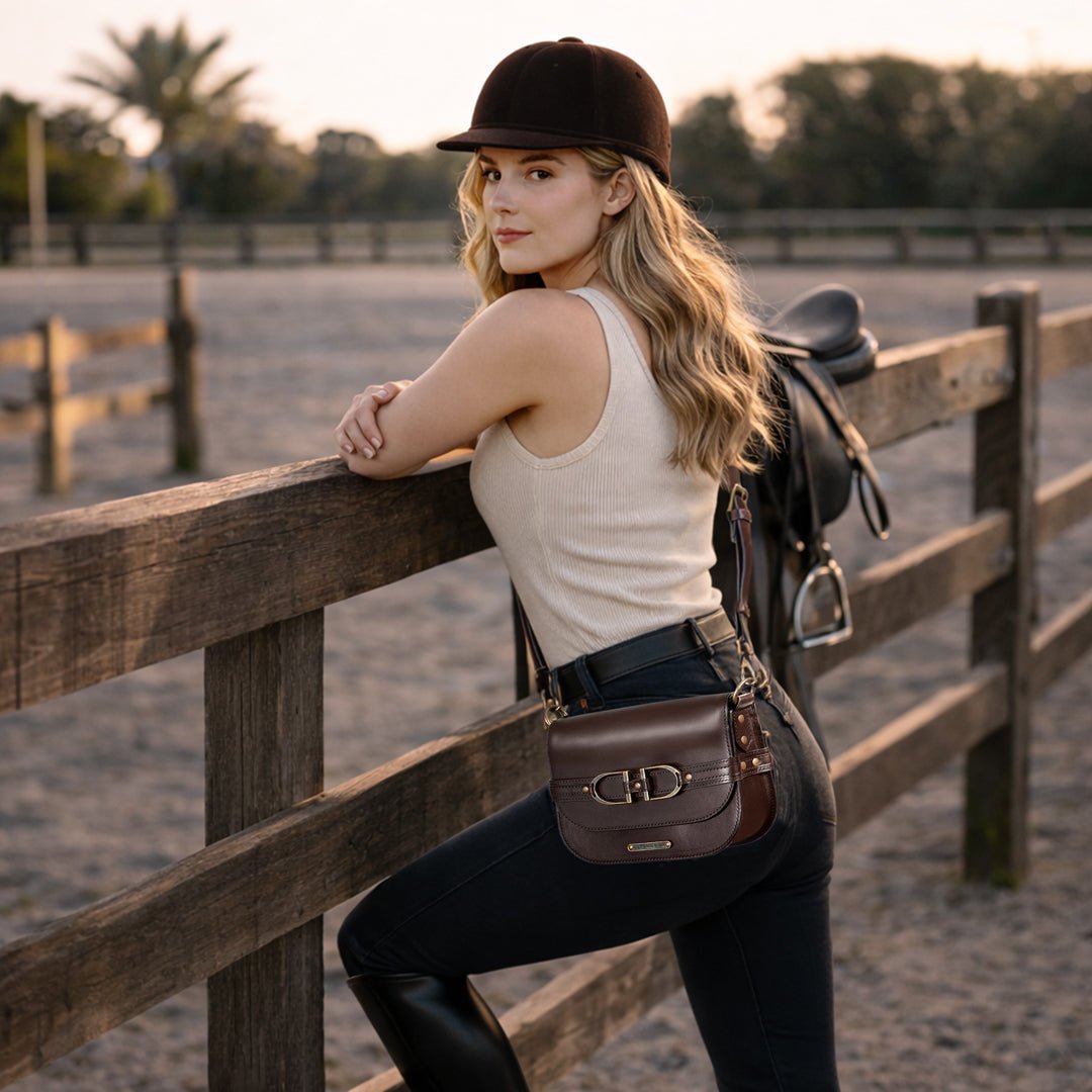 Urban Equestrian Delaney - Equestrian Stirrup Crossbody Luxury Leather Handbag in Deep Brown