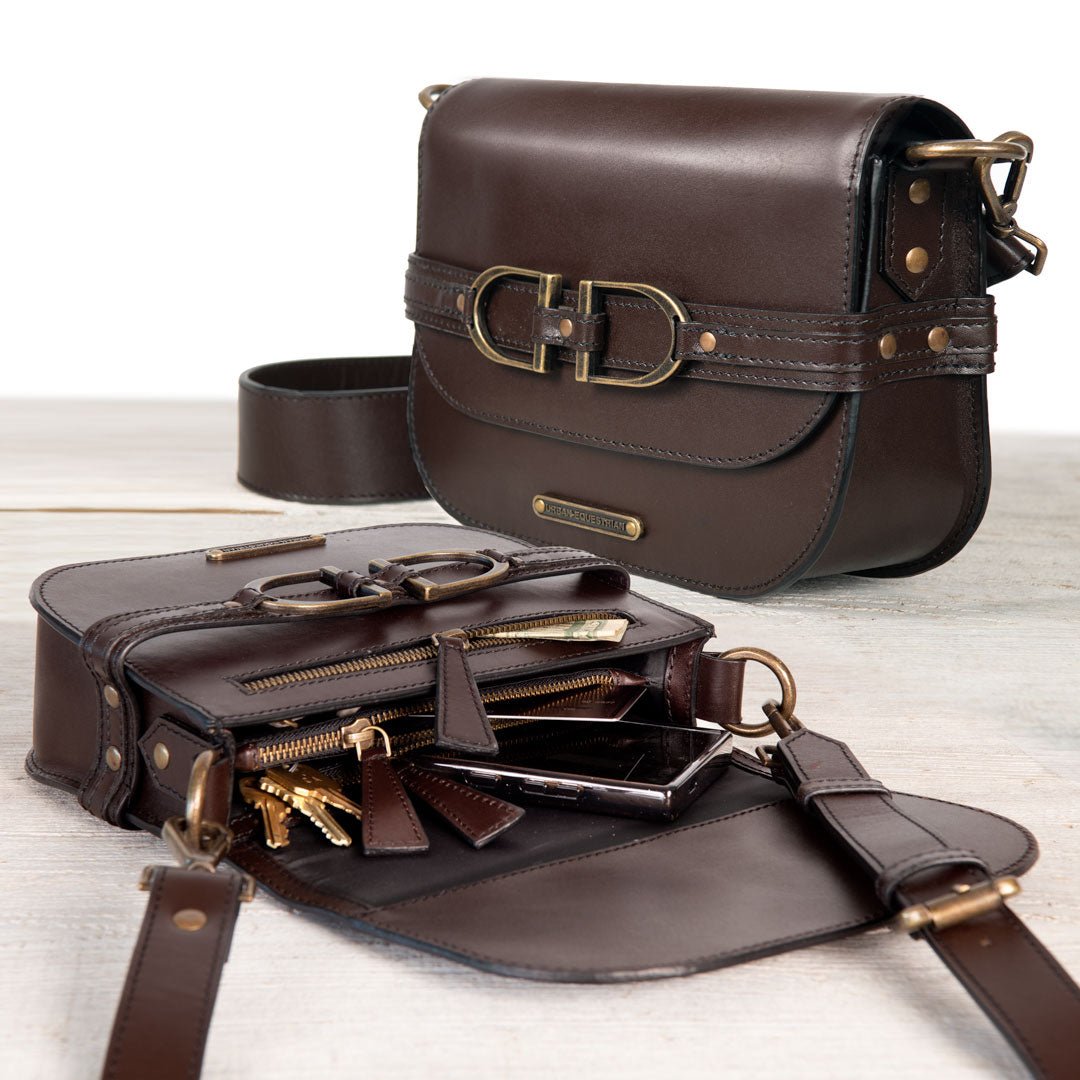 Urban Equestrian Delaney - Equestrian Stirrup Crossbody Luxury Leather Handbag in Deep Brown