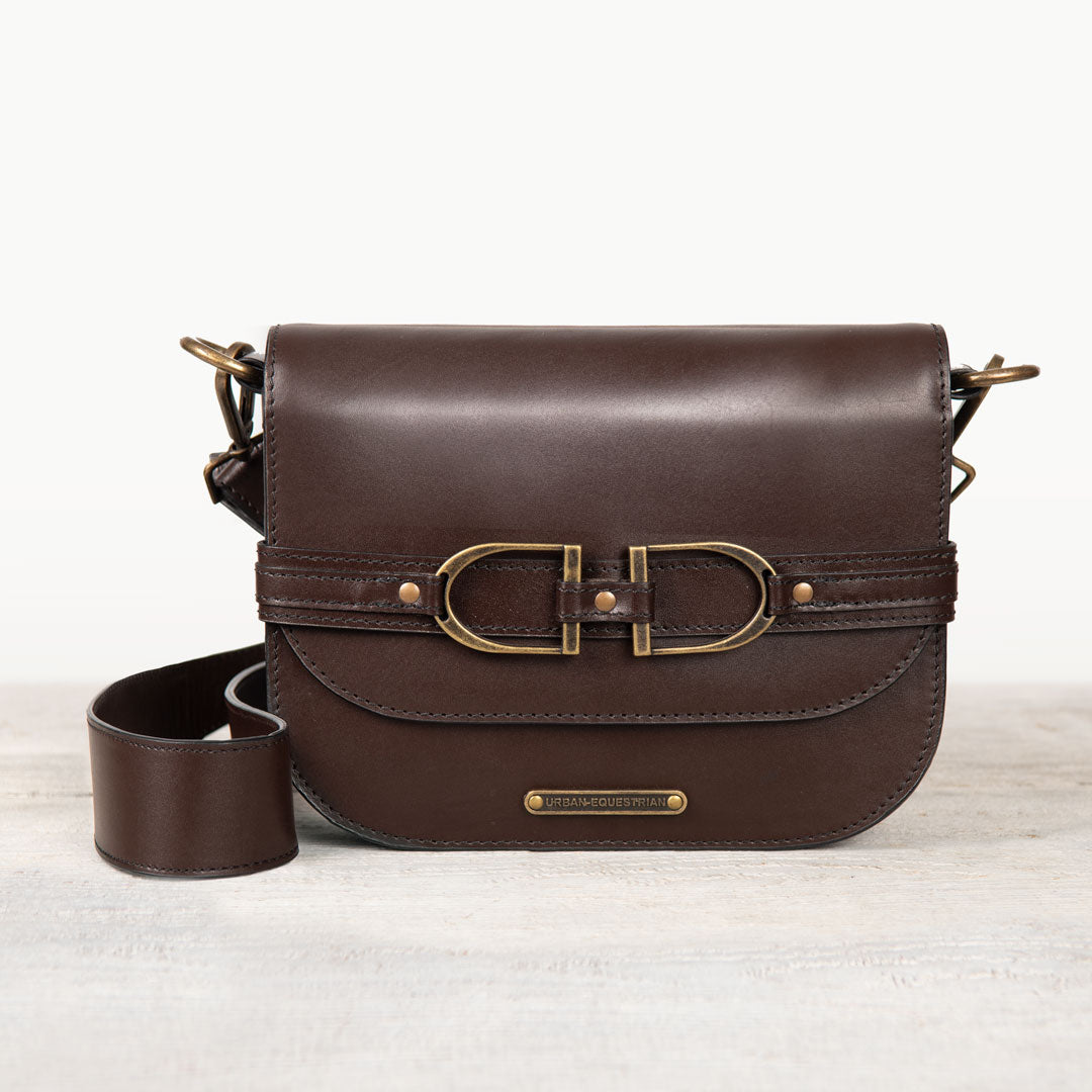 Urban Equestrian Delaney - Equestrian Stirrup Crossbody Luxury Leather Handbag in Deep Brown