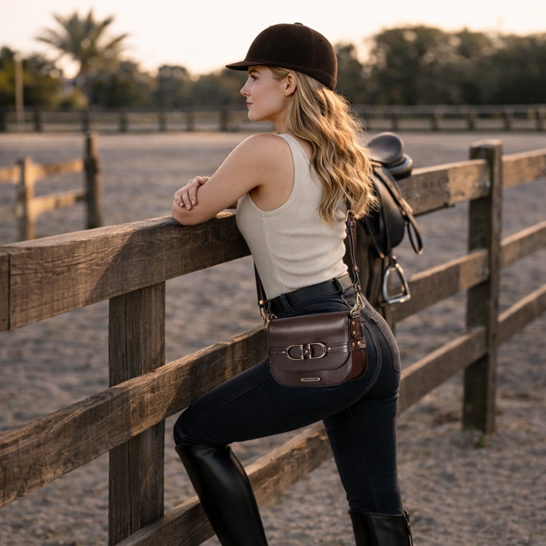 Urban Equestrian Delaney - Equestrian Stirrup Crossbody Luxury Leather Handbag in Deep Brown