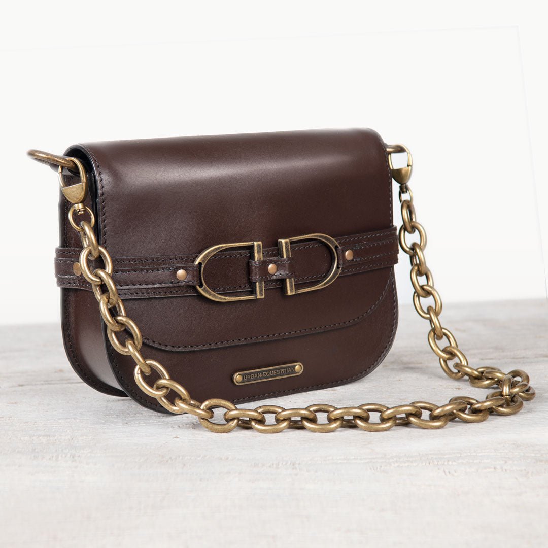 Urban Equestrian Delaney - Equestrian Stirrup Crossbody Luxury Leather Handbag in Deep Brown