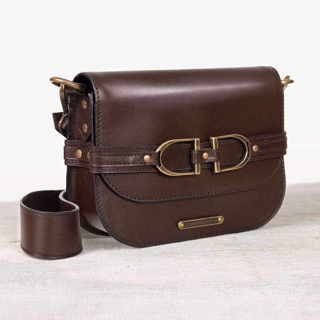 Urban Equestrian Delaney - Equestrian Stirrup Crossbody Luxury Leather Handbag in Deep Brown