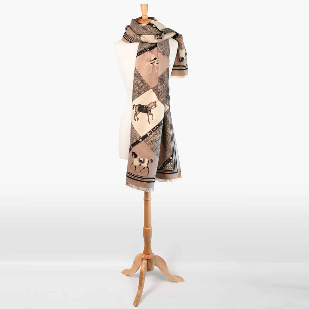 Urban Equestrian Della -  Taupe Equestrian Motif Luxe Shawl