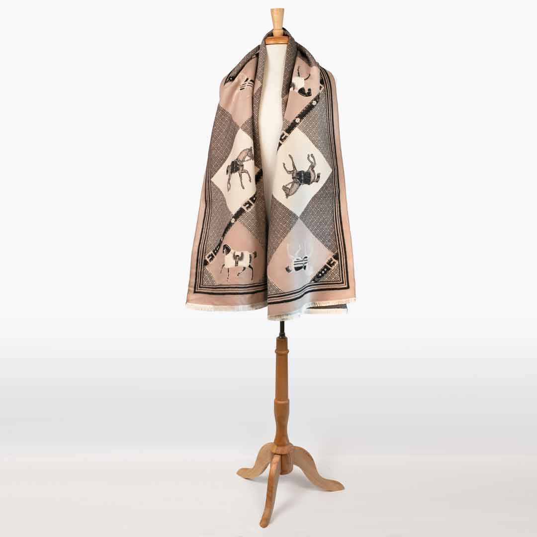 Urban Equestrian Della -  Taupe Equestrian Motif Luxe Shawl
