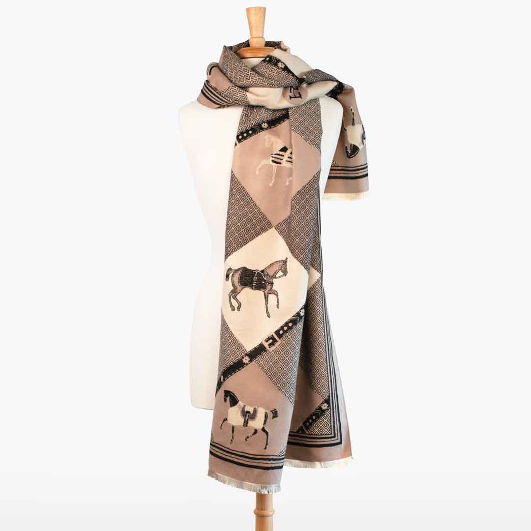 Urban Equestrian Della -  Taupe Equestrian Motif Luxe Shawl