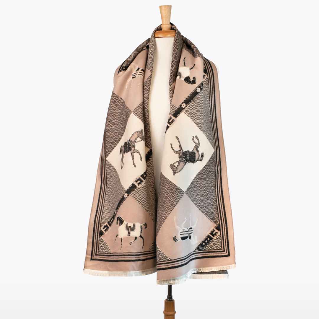 Urban Equestrian Della -  Taupe Equestrian Motif Luxe Shawl