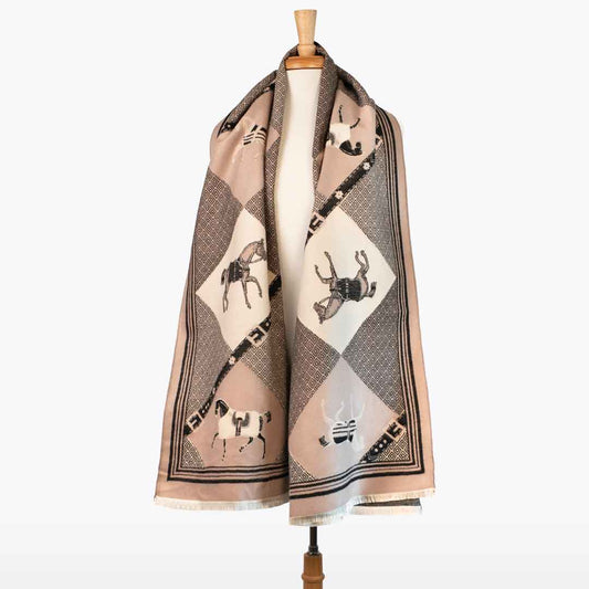 Urban Equestrian Della -  Taupe Equestrian Motif Luxe Shawl
