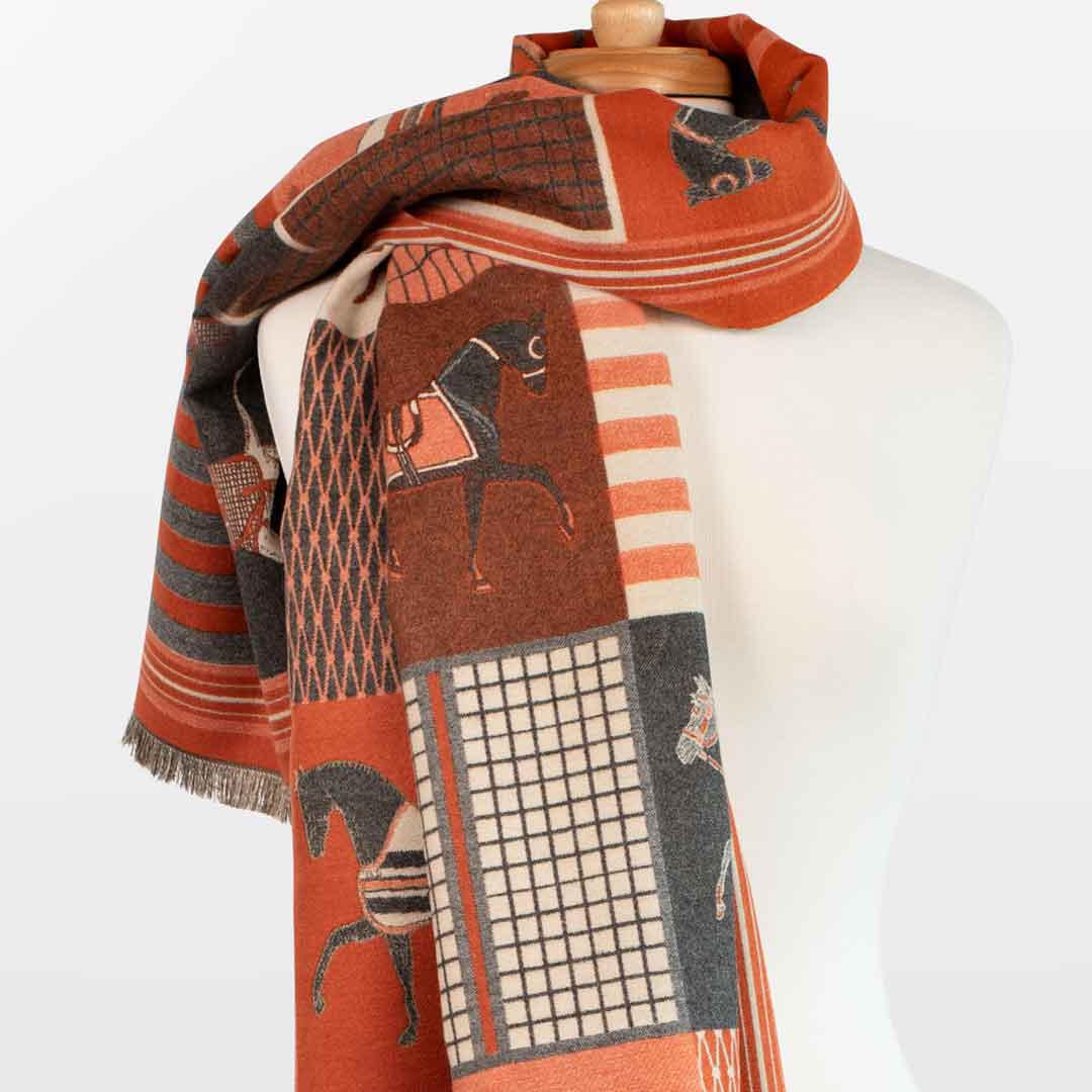 Urban Equestrian Devon -  Tangerine Equestrian Motif Luxe Shawl