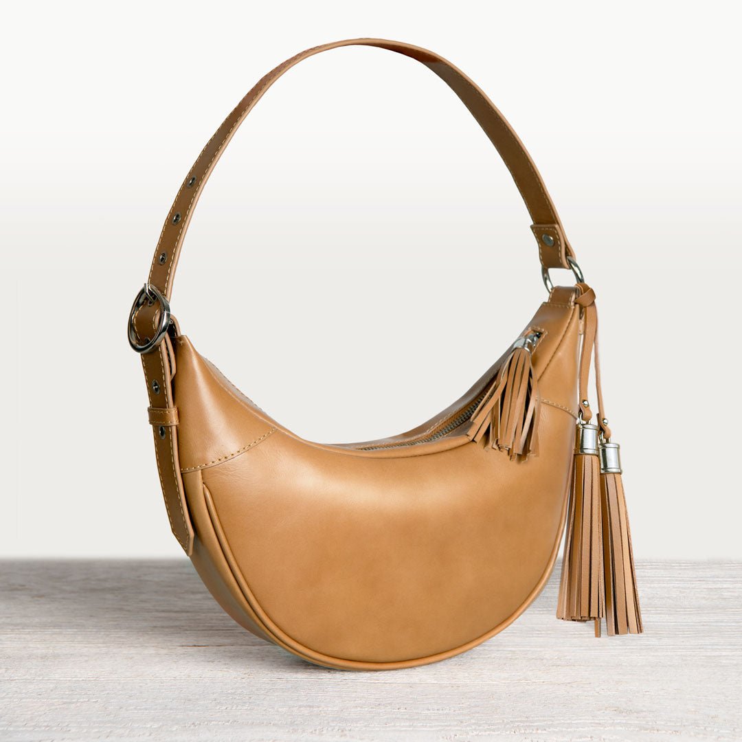 Urban Equestrian Elle - Half-Moon Vanity Luxury Leather Handbag in Caramel