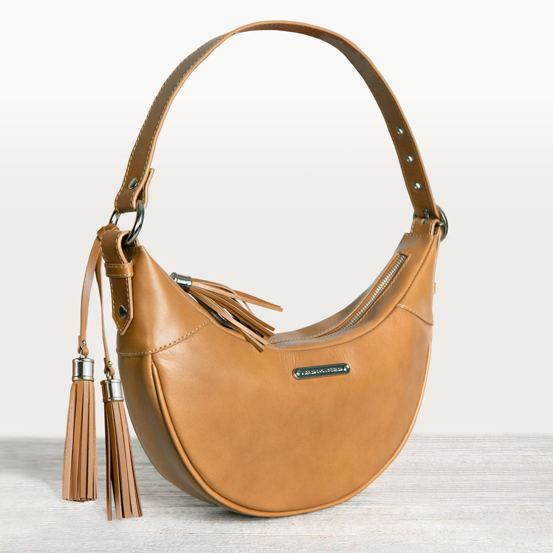 Urban Equestrian Elle - Half-Moon Vanity Luxury Leather Handbag in Caramel