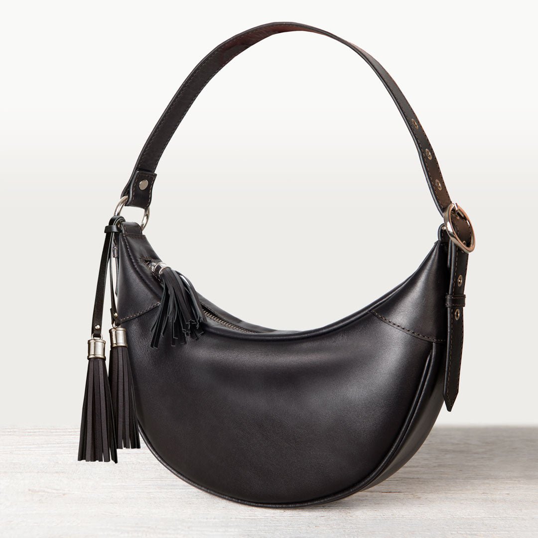 Urban Equestrian Elle - Half-Moon Vanity Luxury Leather Handbag in Black