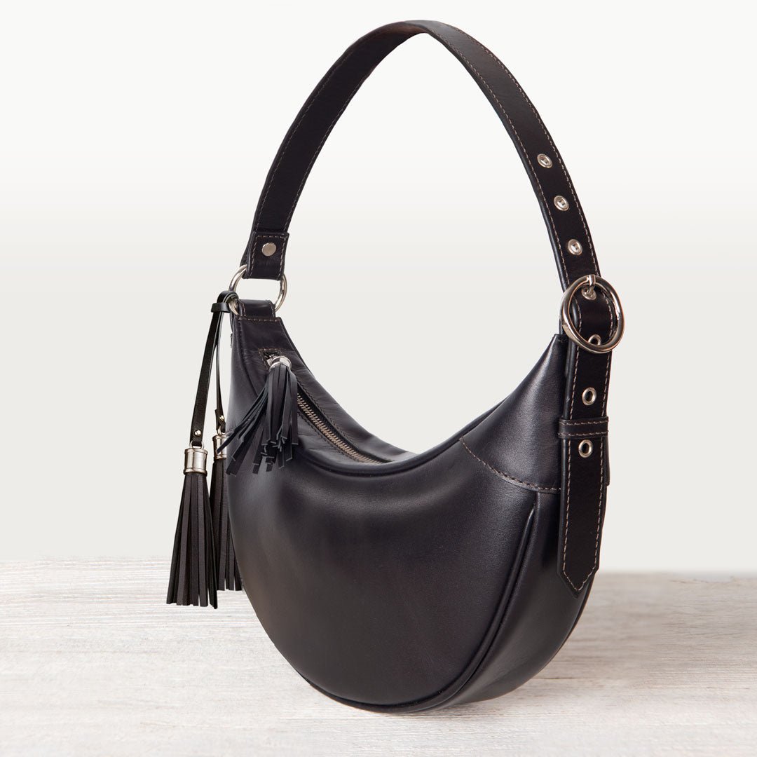 Urban Equestrian Elle - Half-Moon Vanity Luxury Leather Handbag in Black