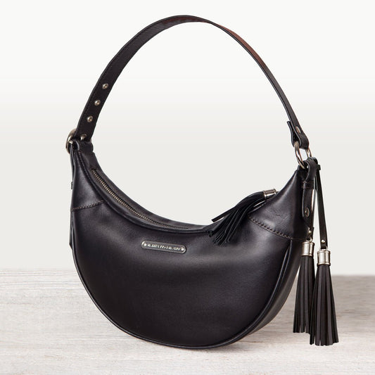 Urban Equestrian Elle - Half-Moon Vanity Luxury Leather Handbag in Black