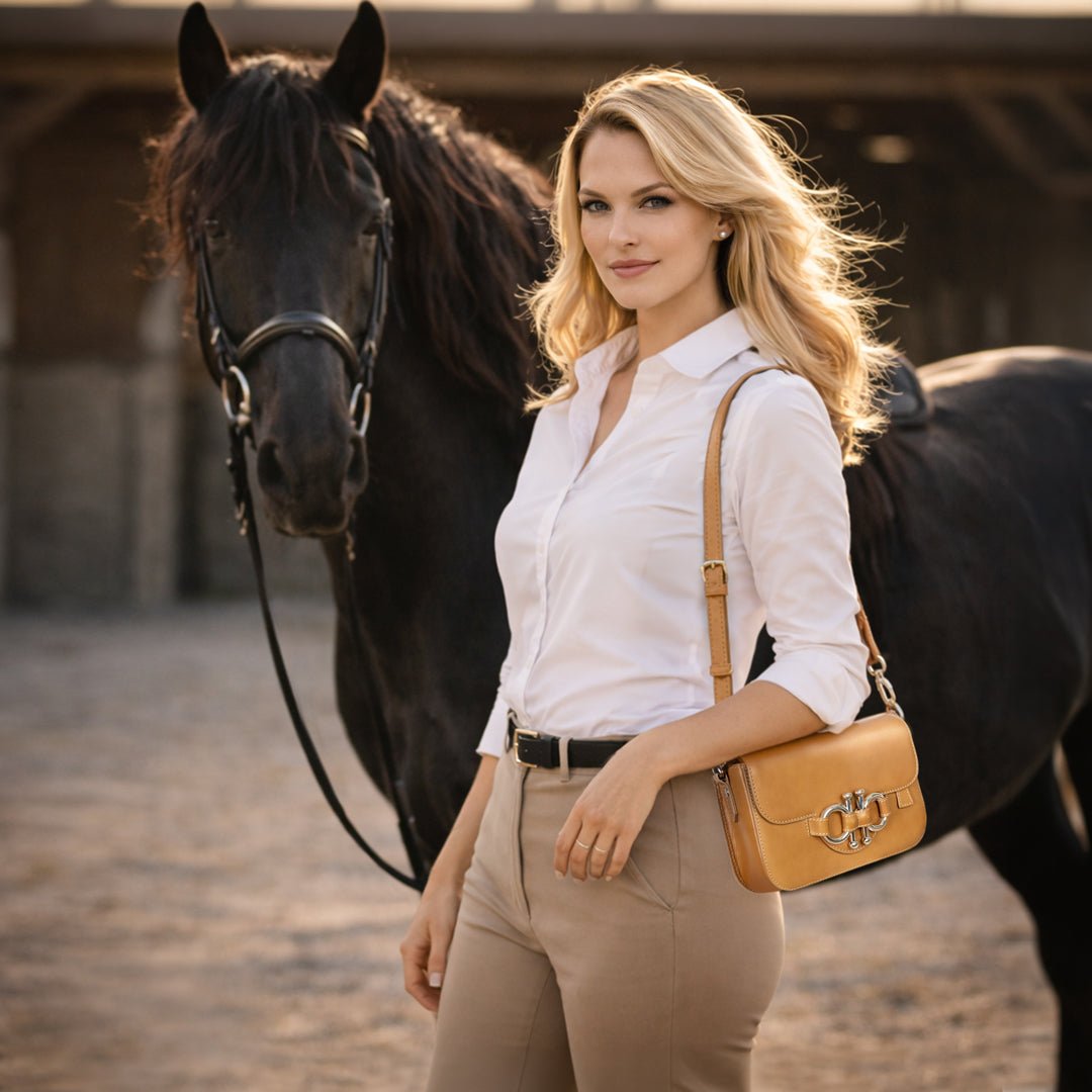 Urban Equestrian Lana - Horse Bit Crossbody Luxury Leather Bag in Caramel