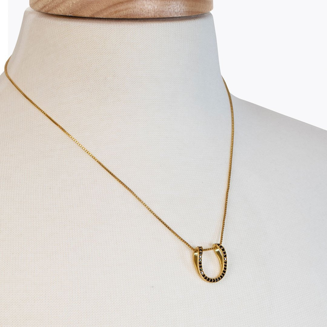 Urban Equestrian - Levade - Black Moissanite Horseshoe Equestrian Necklace in Gold